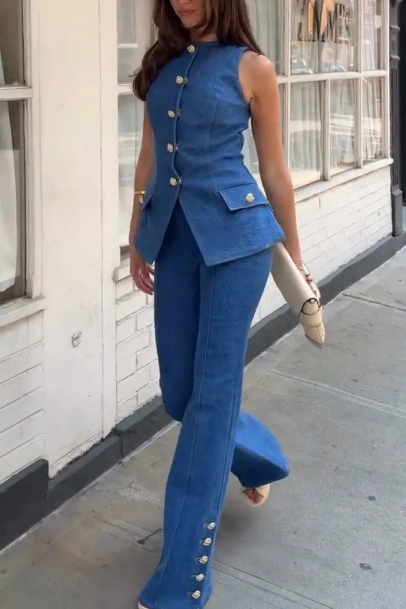 Women's Temperament Casual Round Neck Sleeveless Breasted Denim Top or Jeans