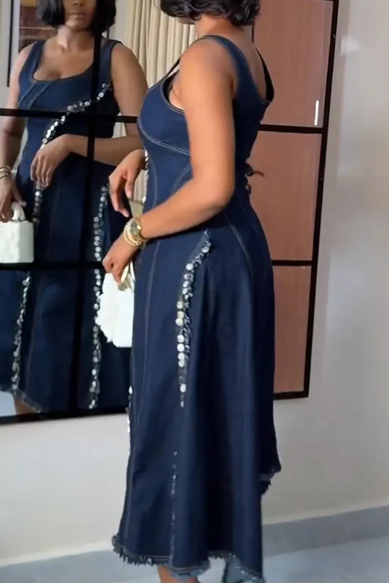 Women's Casual Sequin Decoration Patchwork Denim Midi Dress