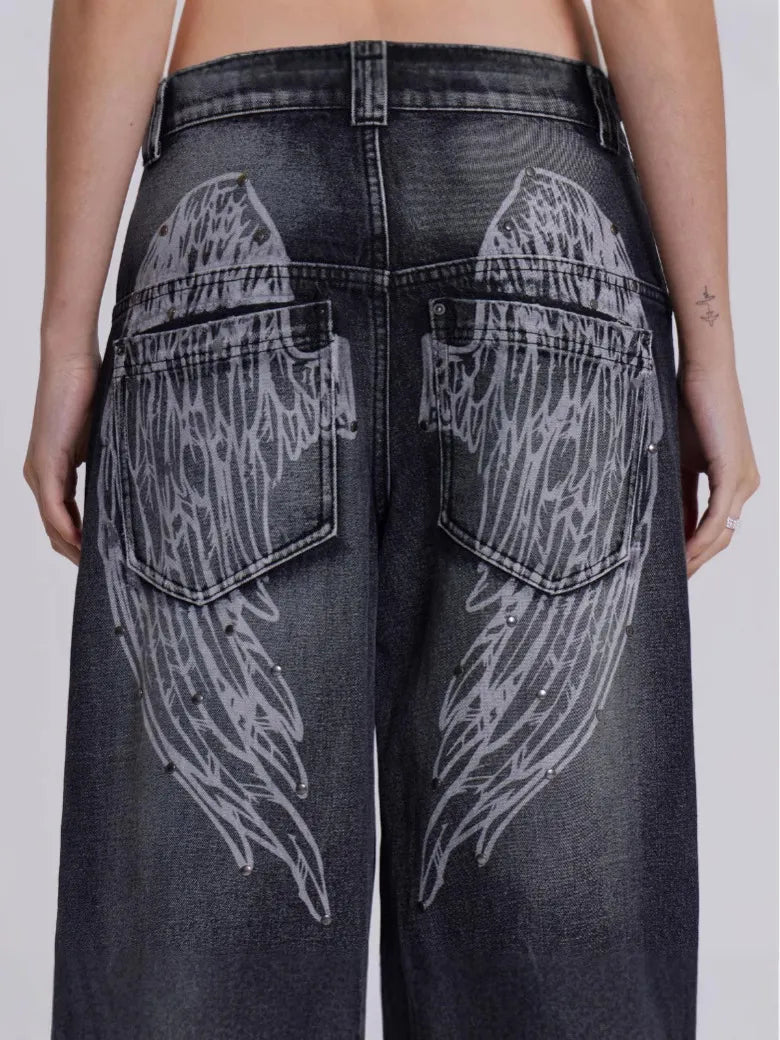 Vintage Distressed Ombre Wing Print Wide Leg Jeans