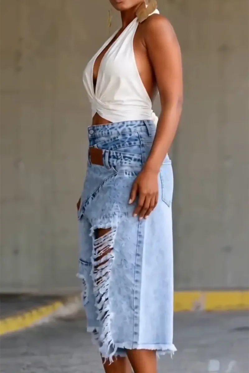 Women's Casual Overlap Faux Two-Piece Ripped Short Jeans