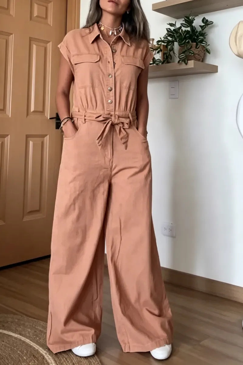 Women's Lapel Buckle Splicing Casual Jumpsuit