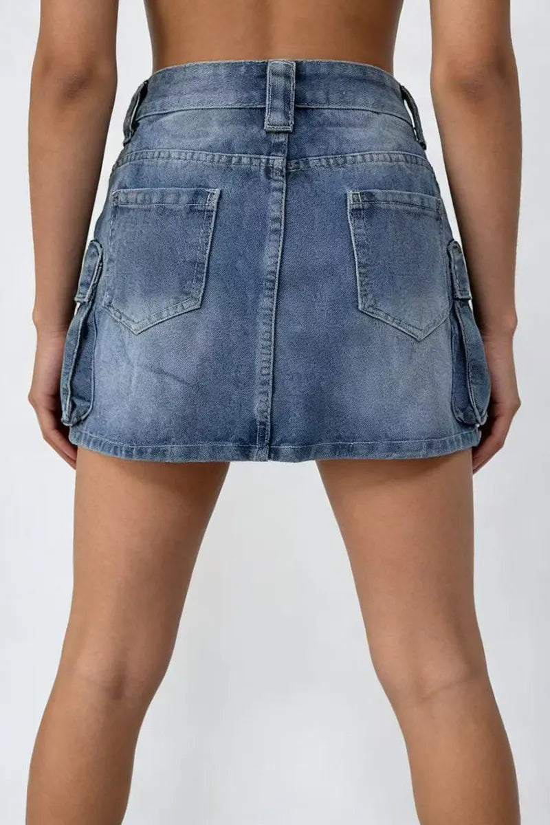 Women's Casual Large Pocket Denim Utility Short Skirt