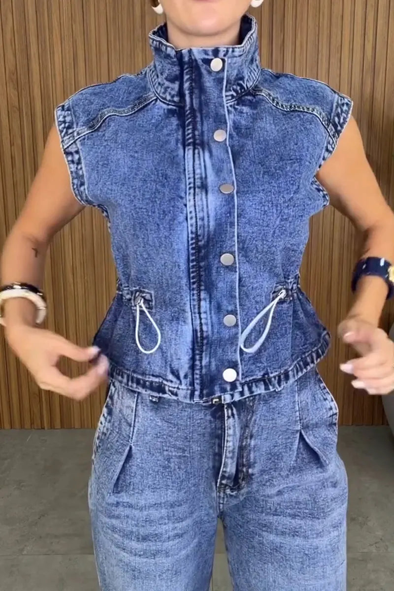 Women's Casual Stand Collar Denim Vest or Wide Leg Jeans