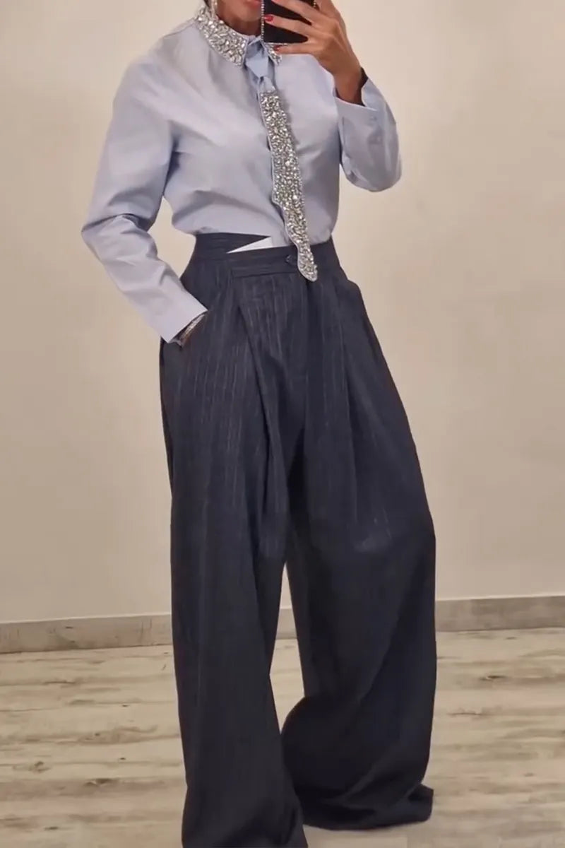 Women's Fashion Rhinestone Neckline Shirt with Belt or Stripe Suit Pants