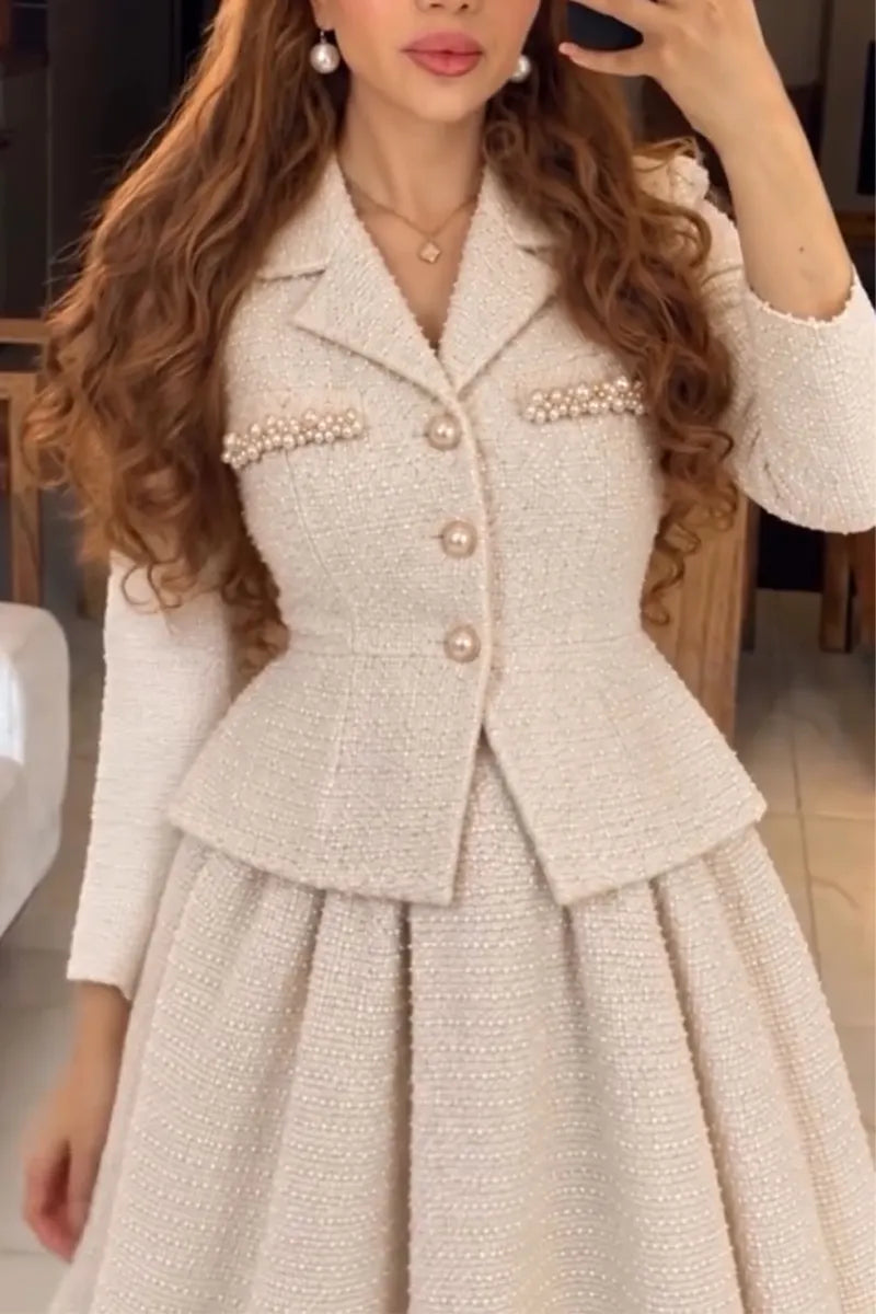Women's Collar Waist Small Fragrant Style Coarse Woolen Jacket or Skirt