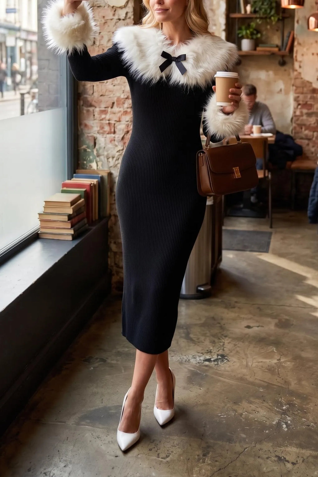 Women's French Chic Bow Tie Faux Fur Collar Rib-Knit Bodycon Dress