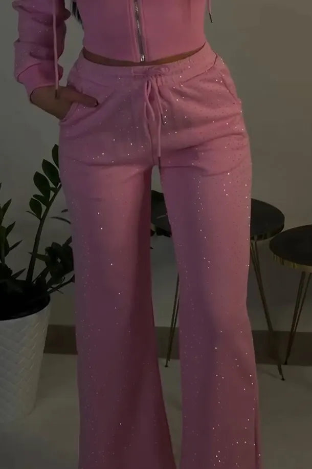 Women's Casual Rhinestone Hooded Jacket & Pants