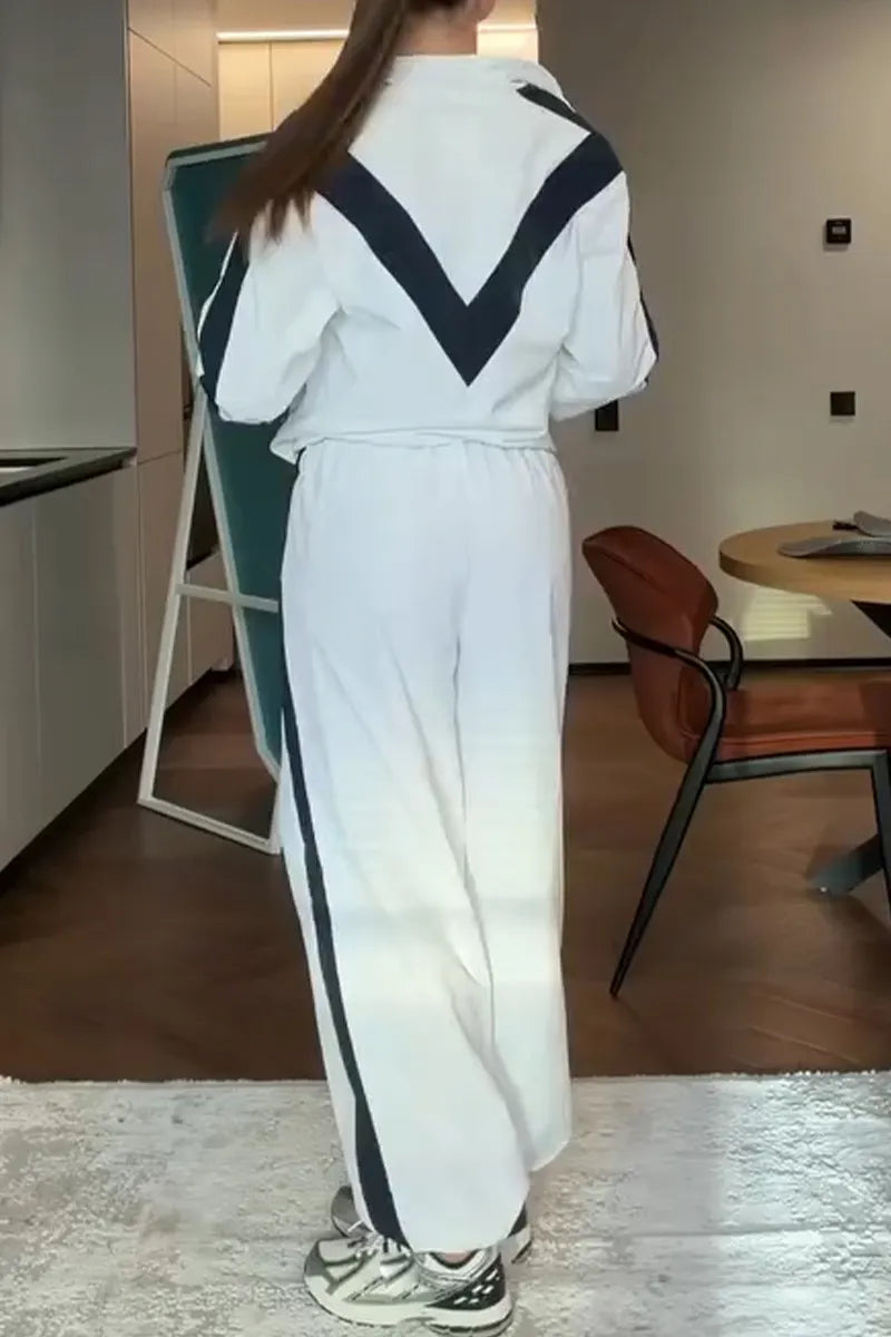 Women's Collar Contrasting Jacket+ Pants Sports and Casual Style Set